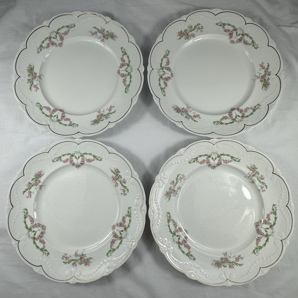 Set of 4 Antique Wood & Son Pink Rose Swag Plates English Ironstone Victorian